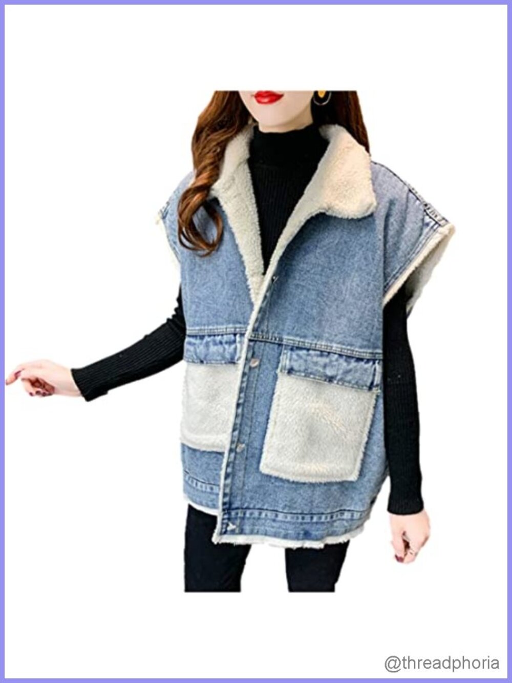 Sherpa Lined Denim Vest Loose Sleeveless Wool Classic Vests with Pockets